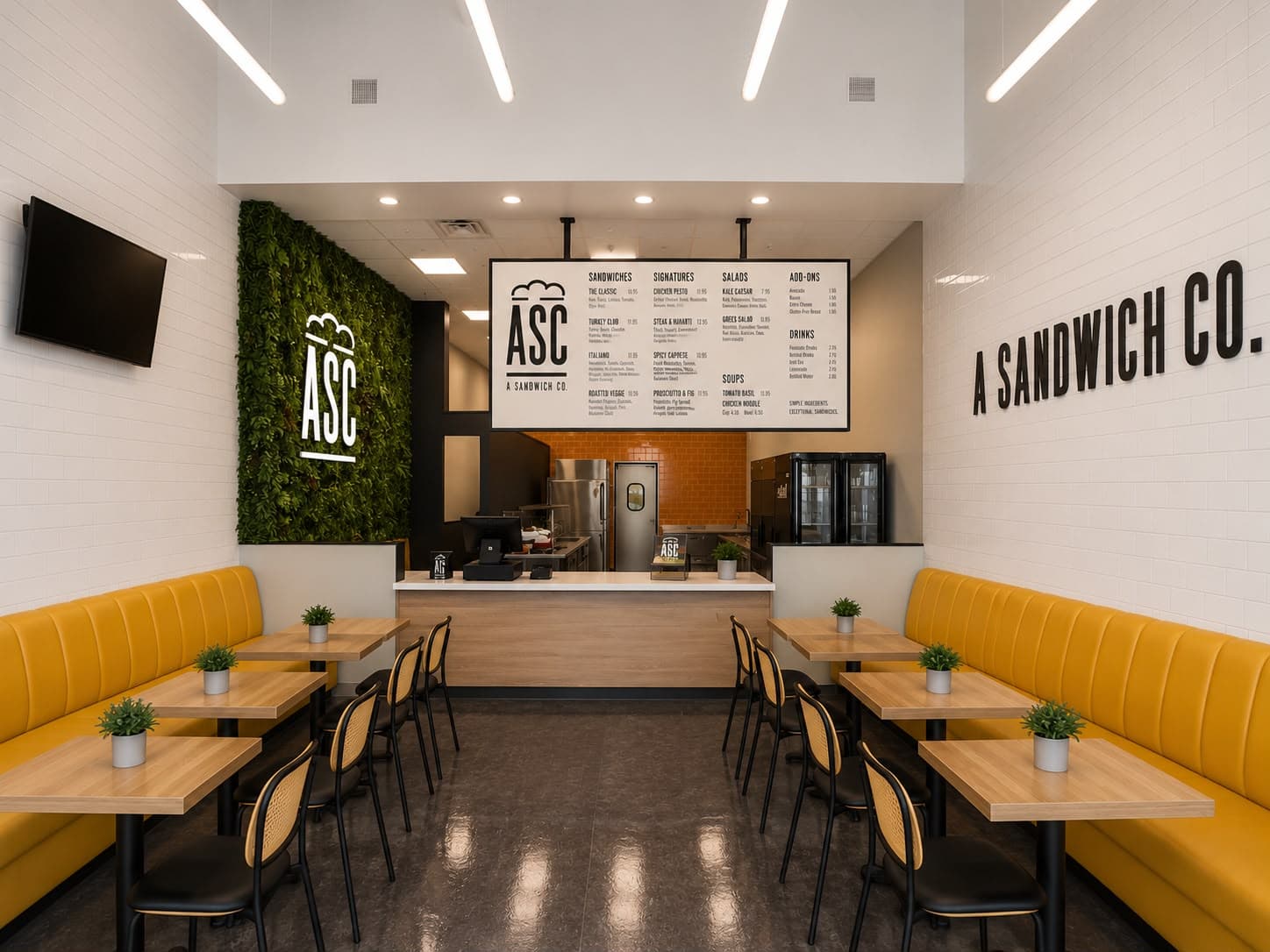 Wide view of A Sandwich Co.'s bright dining room and counter